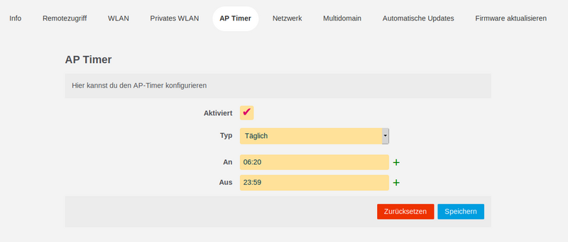 Bild: LuCi-WEB-GUI - Konfiguration des zeitgesteuerten Abschalten des WLANs Bild: LuCi-WEB-GUI - Konfiguration des zeitgesteuerten Abschalten des WLANs