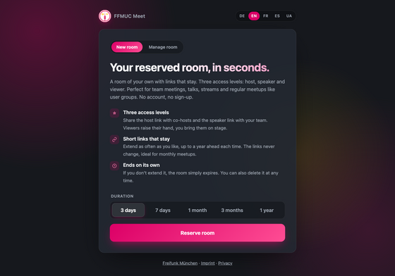 Page for reserving a room